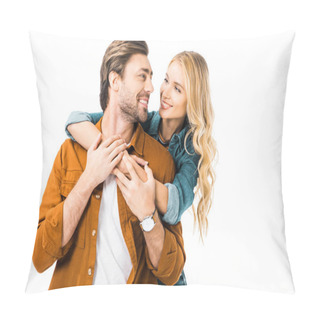 Personality  Happy Young Couple Embracing And Looking At Each Other Isolated On White  Pillow Covers