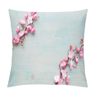 Personality  Pink Cherry Flowers On Blue Wooden Background Pillow Covers