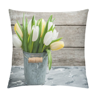 Personality  White And Yellow Tulips In Tin Bucket  Pillow Covers