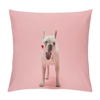 Personality  White French Bulldog With Red Heart On Muzzle And Open Mouth On Pink Background Pillow Covers