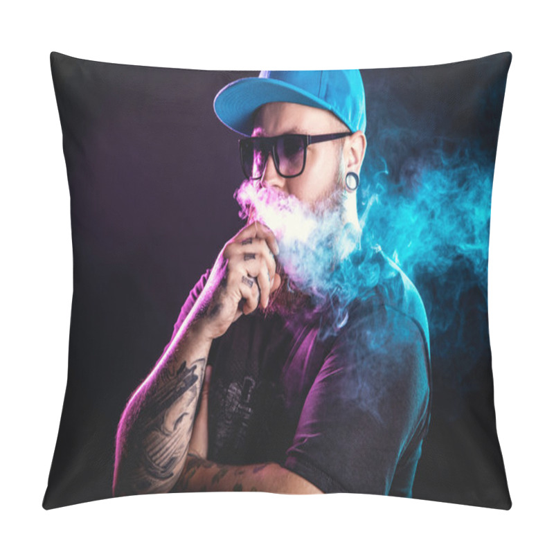Personality  Man With Beard  In Sunglasses Vaping Pillow Covers