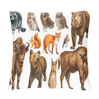 Personality  Set Of Forest Animals, Squirrel, Fox, Bear, Bison, Lynx, Raccoon And Owl. Watercolor Drawings, Isolated Background Pillow Covers