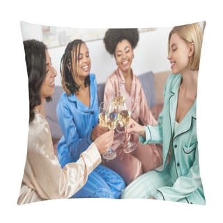 Personality  Smiling Multiethnic Women In Colorful Pajama Toasting With Glasses Of Wine With Blurred African American Girlfriends While Sitting On Bed During Pajama Party, Bonding Time In Comfortable Sleepwear Pillow Covers