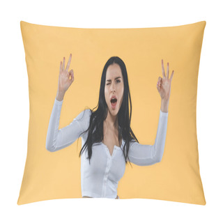Personality  Excited Woman Showing Okay Signs While Winking At Camera Isolated On Yellow Pillow Covers