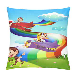 Personality  A Sky With A Rainbow And Planes With Monkeys Pillow Covers