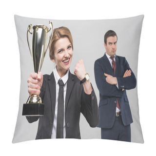 Personality  Excited Businesswoman With Trophy Cup And Upset Businessman Behind, Isolated On Grey Pillow Covers