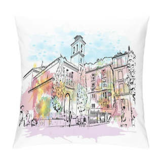 Personality  Print Building View With Landmark Of Granada Is A City In Southern Spain. Watercolor Splash With Hand Drawn Sketch Illustration In Vector. Pillow Covers