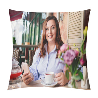 Personality  An Attractive Woman In A Blue Dress Drinks Cafe Tea And Texts In A Smartphone Pillow Covers