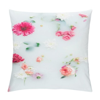 Personality  Top View Of Various Beautiful Colorful Flowers In Milk Background Pillow Covers