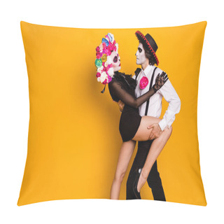 Personality  Portrait Of His He Her She Nice Glamorous Spooky Desirable Passionate Affectionate Couple Dancing Tango Temptation Seduction Pose Isolated Bright Vivid Shine Vibrant Yellow Color Background Pillow Covers