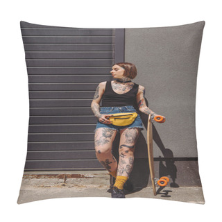 Personality  Stylish Tattooed Girl With Waist Bag Holding Skateboard Against Wall  Pillow Covers