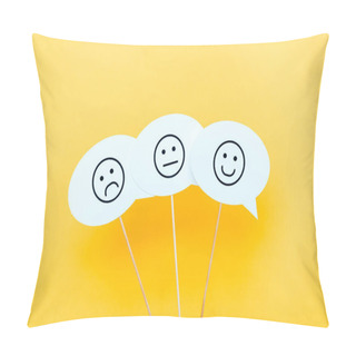 Personality  KYIV, UKRAINE - AUGUST 5, 2019: Set Of Emoticons On Speech Bubbles And Sticks On Orange  Pillow Covers