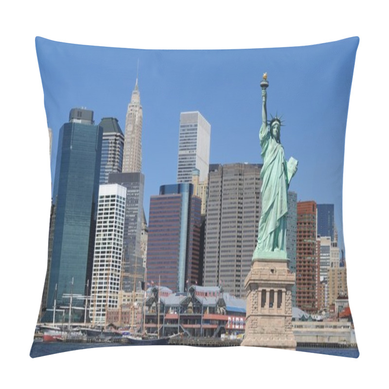 Personality  The landmark Statue of Liberty against the impressive New York City skyline. pillow covers