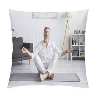 Personality  Bearded Guru Coach Meditating In Easy Pose With Closed Eyes In Living Room Pillow Covers