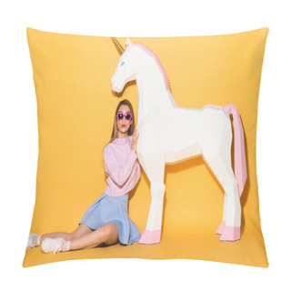 Personality  Young Female Model In Sunglasses Sitting On Floor And Embracing Decorative Unicorn On Yellow Background Pillow Covers