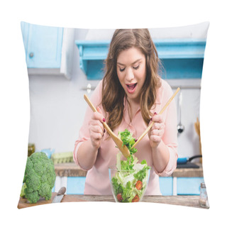 Personality  Portrait Of Overweight Emotional Woman Cooking Fresh Salad For Dinner In Kitchen At Home Pillow Covers