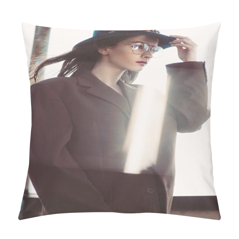 Personality  Elegant Fashionable Woman Posing In Hat, Eyeglasses And Brown Jacket On Roof Pillow Covers