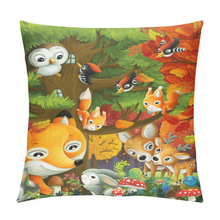 Personality  Cartoon Scene With Friends Animals In The Forest Deers Fox Owl Woodpecker Illustration For Children Pillow Covers