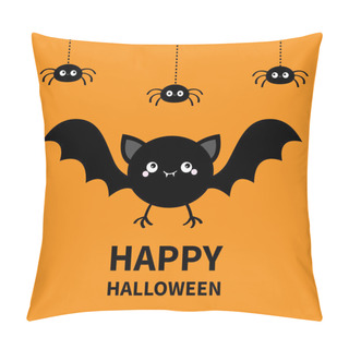 Personality  Happy Halloween. Bat, Spider Set Flying. Cute Cartoon Kawaii Funny Round Baby Character With Open Wings. Black Silhouette. Forest Animal. Flat Design. Orange Background. Isolated. Greeting Card. Pillow Covers