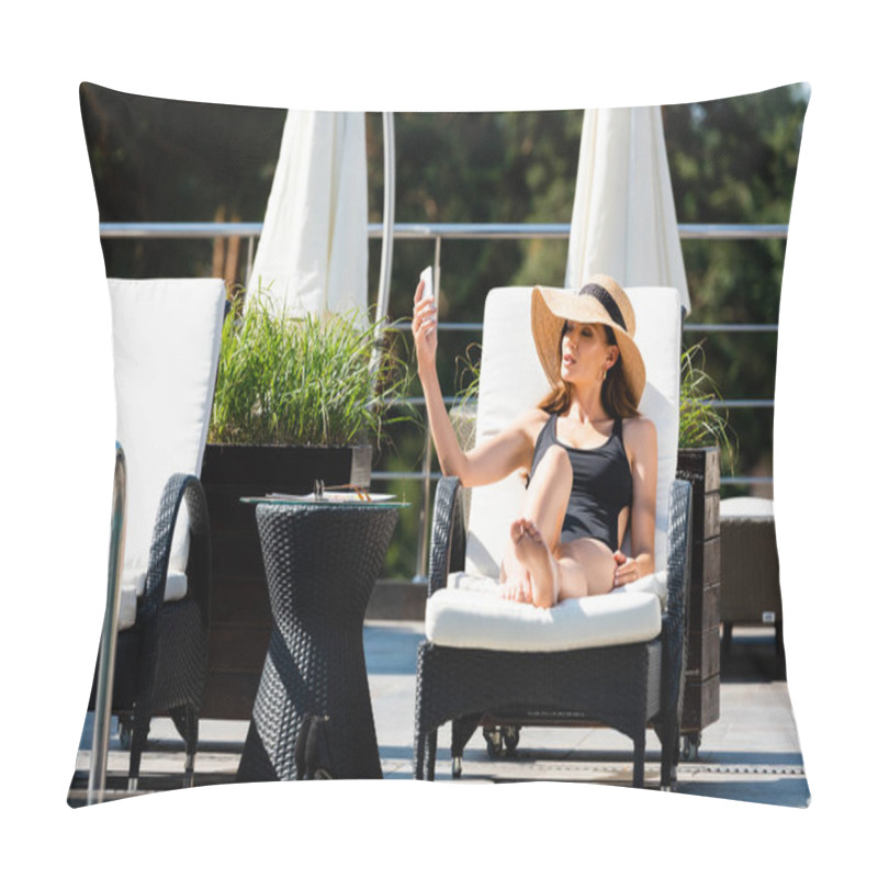 Personality  Beautiful Girl In Swimming Suit And Straw Hat Lying On Sun Bed And Taking Selfie On Smartphone  Pillow Covers