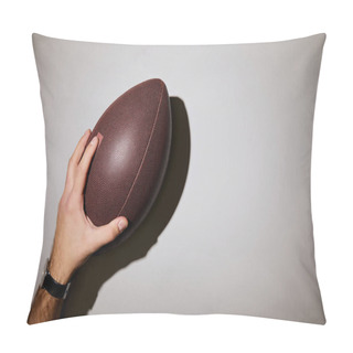 Personality  Cropped View Of Man Holding Brown Ball In Hand On White Background Pillow Covers