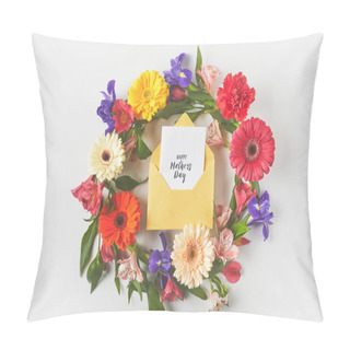 Personality  Top View Of Beautiful Floral Wreath And Happy Mothers Day Greeting Card In Envelope On Grey Pillow Covers