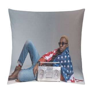 Personality  Young African American Man With Us Flag On Shoulders Lying With Silver Tape Recorder On Grey Pillow Covers