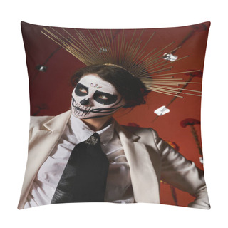 Personality  Elegant Woman In Dia De Los Muertos Catrina Makeup And Crown Looking Away On Red Floral Backdrop Pillow Covers
