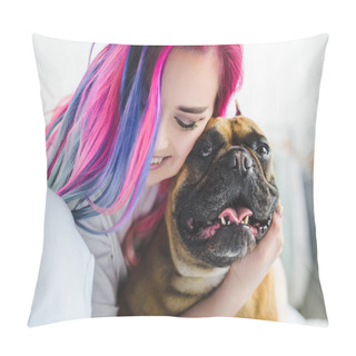Personality  Cheerful Girl With Colorful Hair Hugging Cute Bulldog Pillow Covers