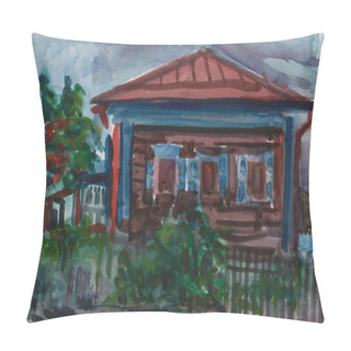 Personality  Watercolor Sketch Of Old Wooden Houses With Shutters. Russian Village. Pillow Covers