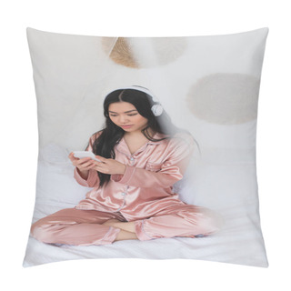 Personality  Young Asian Woman In Pink Silk Pajamas Sitting On Bed With Headphones And Cellphone In Bedroom Pillow Covers