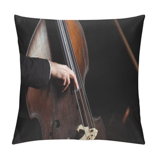 Personality  Cropped View Of Musician Playing On Contrabass On Dark Stage Pillow Covers