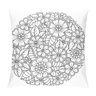 Personality  Outline Round Flower Pattern In Mehndi Style For Coloring Book Page. Antistress For Adults And Children. Doodle Ornament In Black And White. Hand Draw Vector Illustration. Pillow Covers
