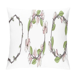 Personality  Set Of Stylish Wreaths Drawings. Graphic Magnolia Wreath. Vector Floral Frame Template. Cute Flowers Arranged In The Shape Of A Wreath Is Perfect For Invitations And Greeting Cards. Pillow Covers