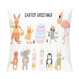 Personality  Big Easter Set With Cute Animals And Eggs With Flowers And Quotes Isolated On White Background. Hand Drawn Vector Illustration. Scandinavian Style Flat Design. Concept For Kids Holiday Print  Pillow Covers