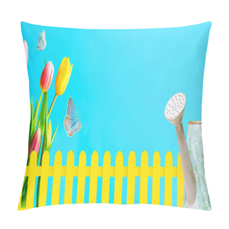 Personality  Spring gardening background. Growing tulips and flying butterflies, yellow fence and watering can on blue background. Gardening theme background. Copy space. pillow covers