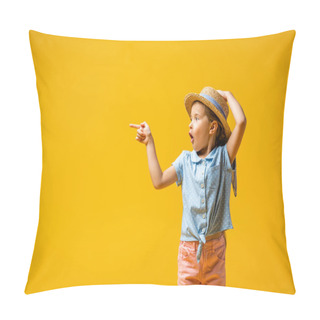 Personality  Shocked Kid In Straw Hat Pointing With Finger Isolated On Yellow Pillow Covers