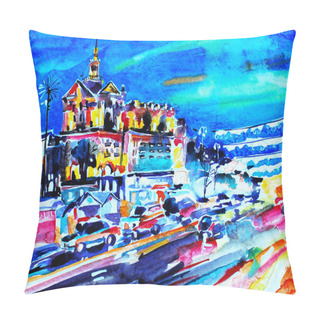 Personality  Original Watercolor Painting Of Night City Kyiv, Ukraine, Famous Pillow Covers