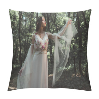 Personality  Beautiful Elf In Elegant Dress With Flowers Posing In Forest Pillow Covers
