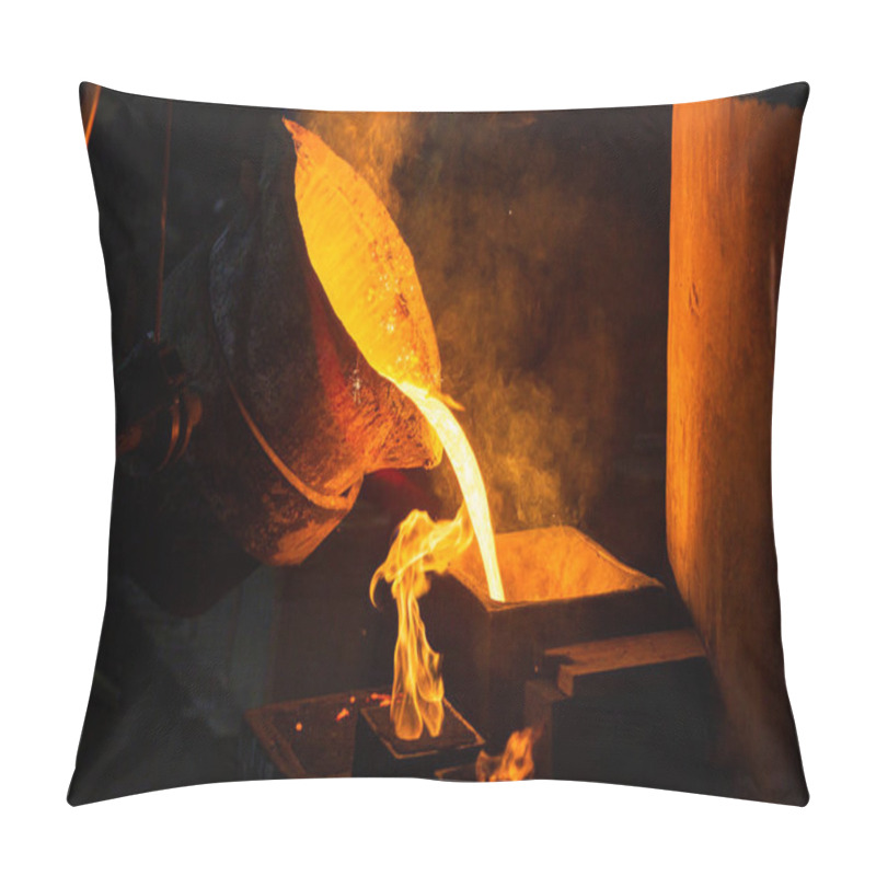 Personality  Close-up View Of Industrial Chill Casting. The Process Of For Filling Out Mold With Molten Metal. Pillow Covers