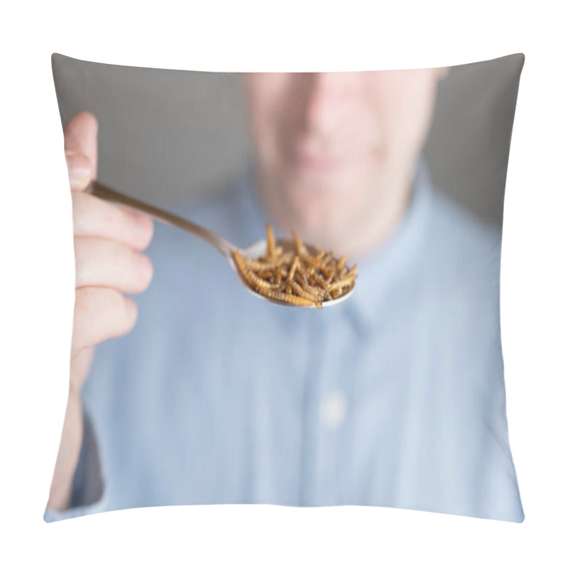 Personality  Meal Worm Foods.Laughing Man With A Spoon Of Worms. Pillow Covers