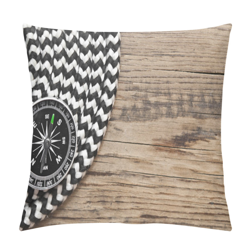 Personality  Marine roll ropes and compass on wooden background pillow covers