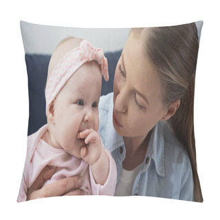 Personality  Caring Mother Looking At Infant Daughter Sucking Fingers Pillow Covers