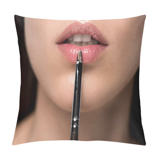 Personality  Cropped View Of Girl Applying Lip Gloss With Cosmetic Brush Pillow Covers