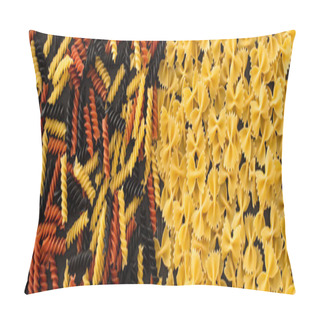 Personality  Top View Of Raw Colorful Fusilli And Farfalle Pasta, Panoramic Shot Pillow Covers