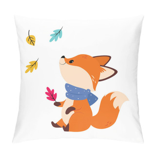Personality  Cute Little Fox In Scarf Watching Autumn Leaf Fall Vector Illustration Pillow Covers