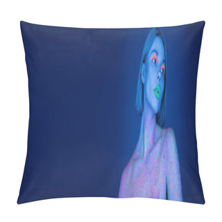 Personality  Nude Woman In Glowing Neon Makeup And Colorful Paint Splashed Looking Away On Dark Blue Background, Banner Pillow Covers