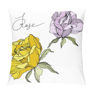 Personality  Vector. Purple And Yellow Rose Flowers Isolated On White Background. Green Leaves. Engraved Ink Art. Pillow Covers