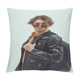 Personality  Successful And Daring, Young Male Model Posing In A Studio For The Photoshoot Wearing Fashionable Leather Coat And Sunglasses, Looking Assertive And Self-assured Pillow Covers