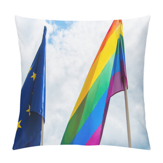 Personality  American And Lgbt Flags Against Blue Sky With Clouds  Pillow Covers